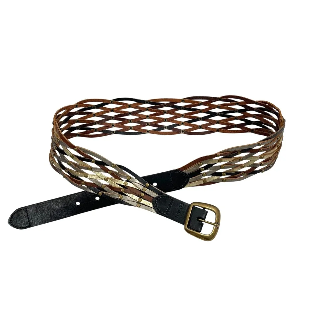 Fossil woven braided leather studded belt Size M boho artsy statement western